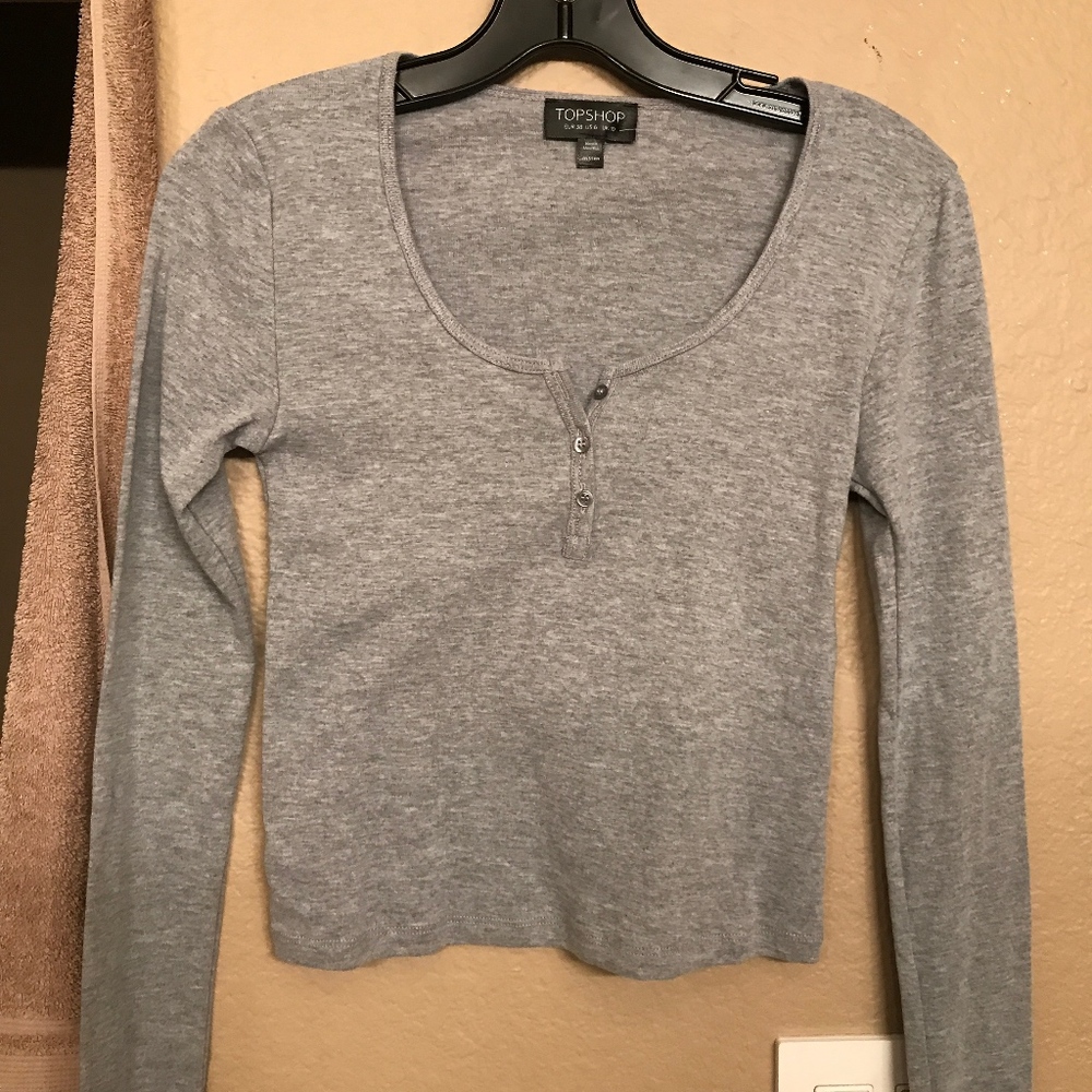 Topshop Grey Long Sleeve Crop Top with Buttons